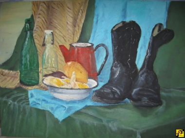 martwa natura z czarnymi butami