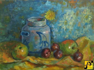 Owoce i niebieskie naczynie