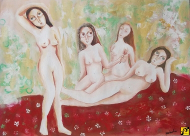 Panny na kwiecistym czerwonym dywanie.