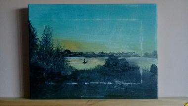 przetarty obraz jeziorka pod wieczor