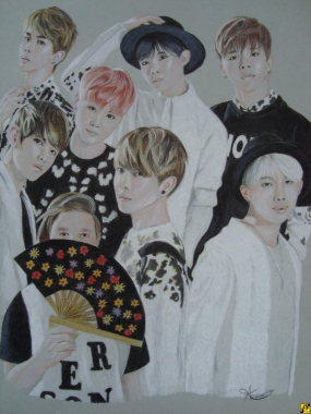 Koreański zespół BTS i Ania, rysunkowy fotomontaż