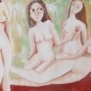 Panny na kwiecistym czerwonym dywanie.