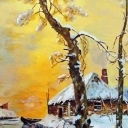 Pejzaż zimowy z rzeką i domami Pejzaż zimowy z rzeką i domami